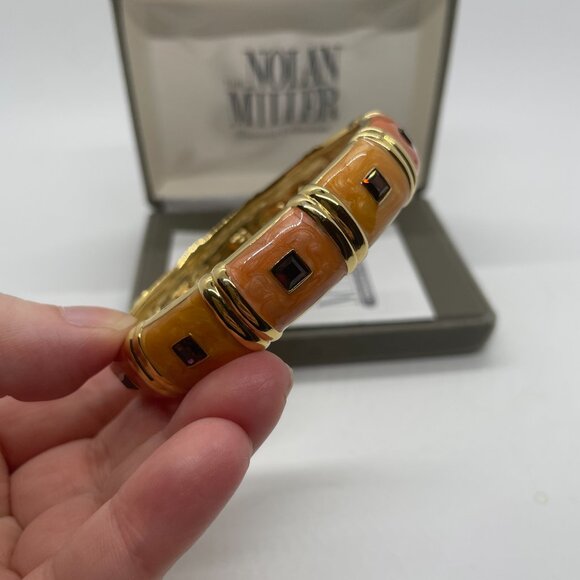 Nolan Miller Orange/ Peach Enamel Hinged Bangle Bracelet w brown inlaid crystals - Picture 3 of 8